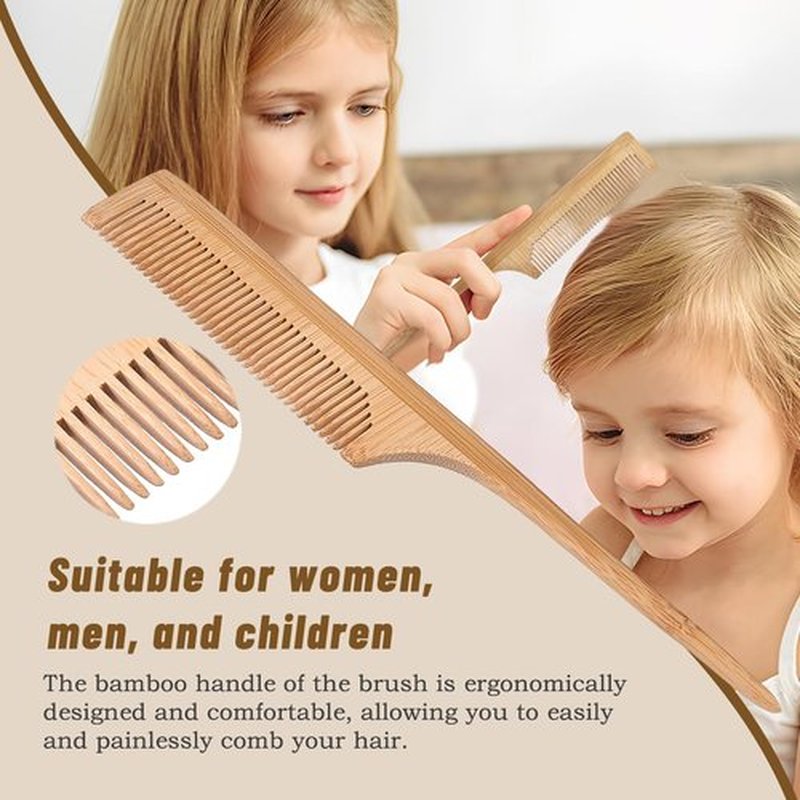 MenGate 3Pcs Bamboo Hair Brush Set for Hair Growth, Bamboo Paddle Detangling Hairbrush Board Bristles Round Brush Wooden Rat Tail Comb for Women Men and Kids Massage Scalp