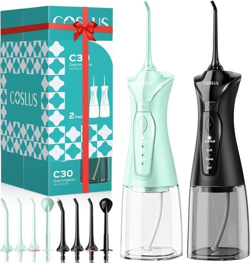COSLUS Water Flosser Set - 2-Pack C30 Dental Picks with 3 Modes & 8 DIY Levels for Sensitive Gums | Black & Green