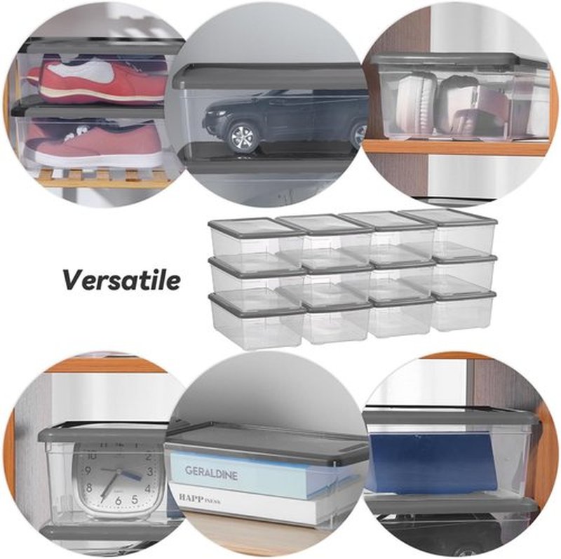 Sterilite 6 Quart Clear Storage Bins - Stackable Plastic Latching Boxes with Lids | Grey, 12 Pack