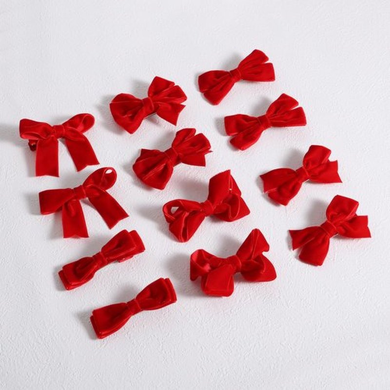 Red Velvet Ribbon Bow Hair Clip 12pcs 3in Christmas Dressy Bow Alligator Barrettes Valentines New Year Ponytail Decor Accessory Small for Little Teen Toddler Baby Girls Kids Gift