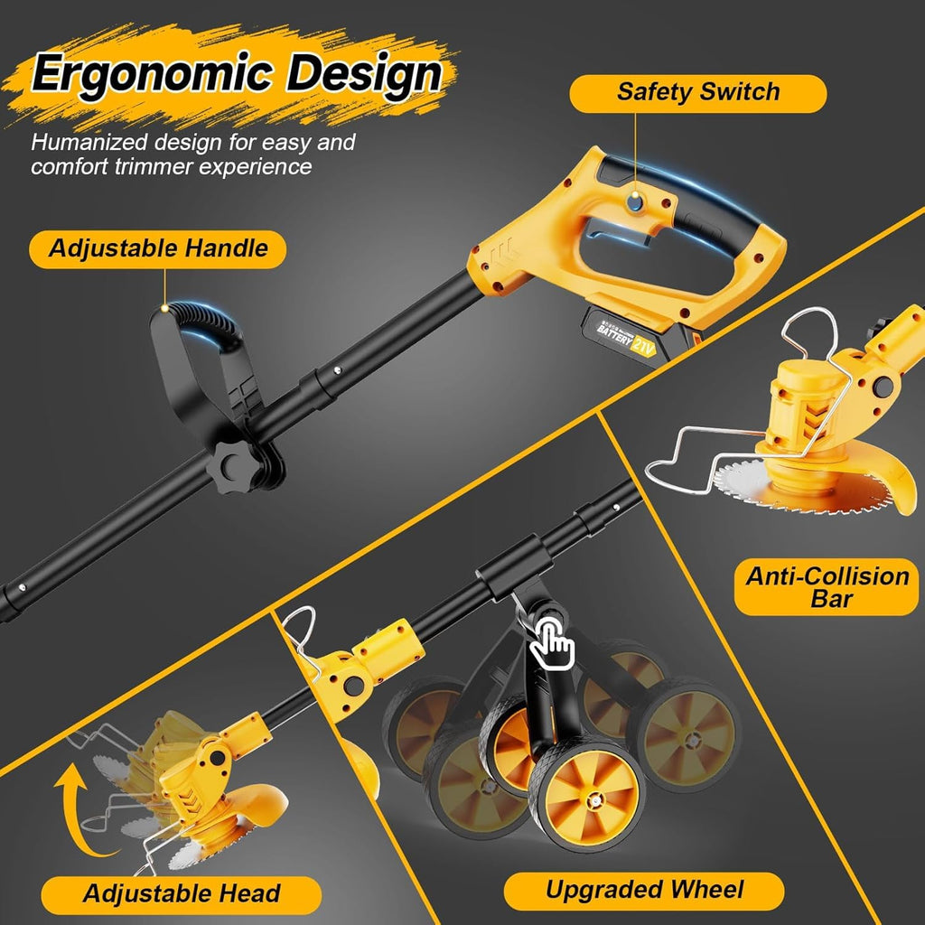 Electric Weed Wacker Cordless with Wheels,Electric Weed Eater Battery Powered 4000mAh,4 in 1 Grass Trimmer/Brush Cutter/Grass Edger/Small Lawn Mower,No String Trimmer with Blade, 2 Battery (Yellow)