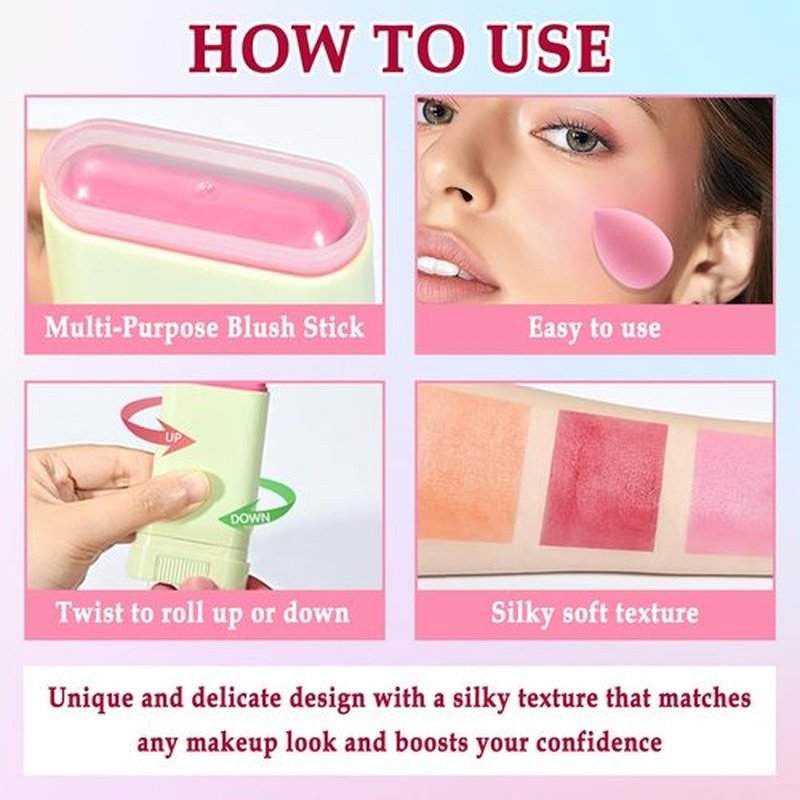 3 Colors Blush Stick with Makeup Sponges,Matte Solid Cream Blush,Multi-Use Blush Stick for Cheeks,Lips and Eye,High Pigmented Makeup Sticks Set A