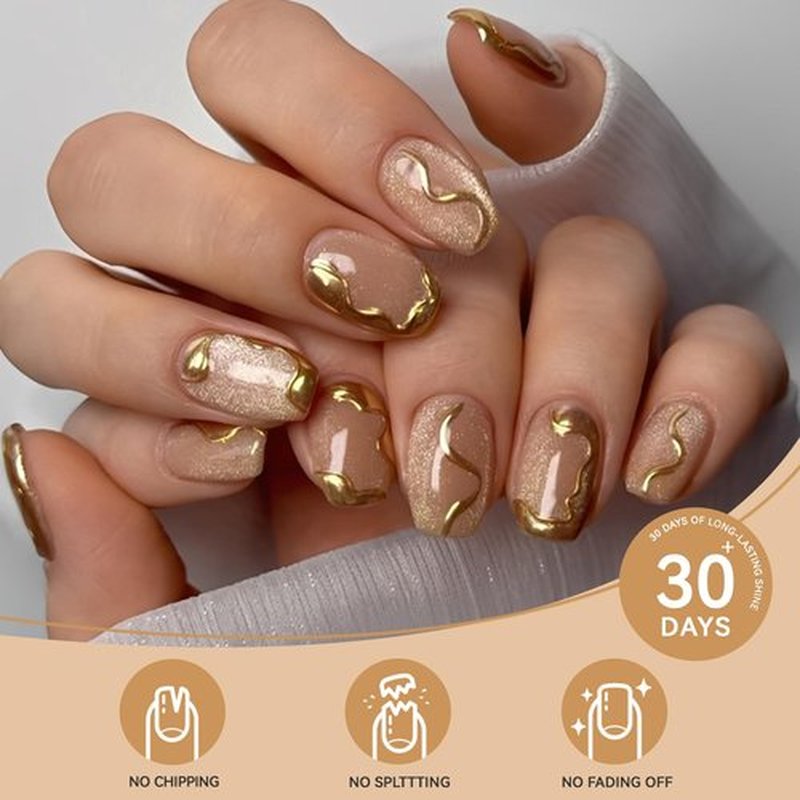 CUZIAM Gold Press on Nails Short Square – Soft Gel Nude Cat Eye Glitter Sparkle Fake False Nails with 3D Gold Lines Design for New Year Winter, Full Cover Stick on Nail with Glue for Women,24PCS