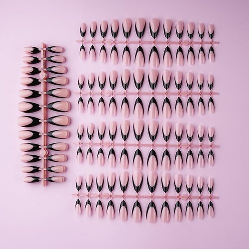 Lamemoria 240pcs Pre-Design Basic Black UV Gel French Nail Tips, Medium Long French Tip Press On Nails Almond, Nude Pink Base Salon Fake Nails Set Kit With Glue/Tabs