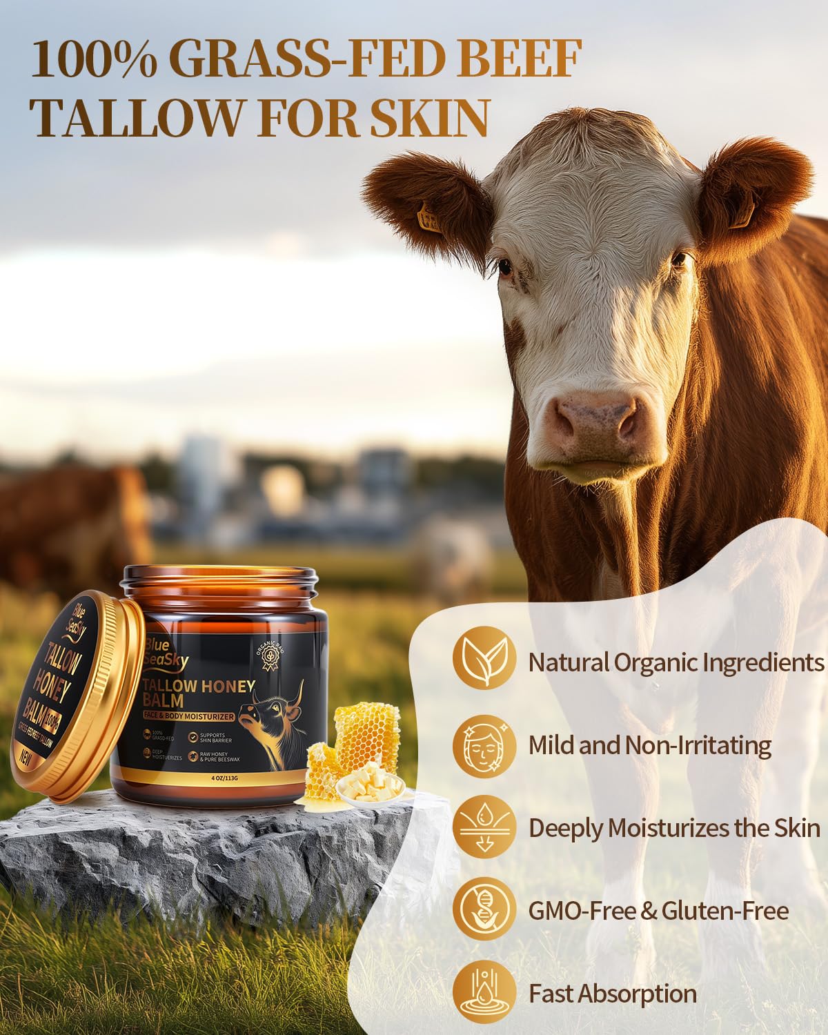 Blue Sea Sky Whipped Grass Fed Beef Tallow Balm with Raw Honey, Tallow Moisturizer for Dry Sensitive Skin, Redness Itch Relief, Eczema Rosacea Support, Non-Comedogenic Face & Body Skin Care