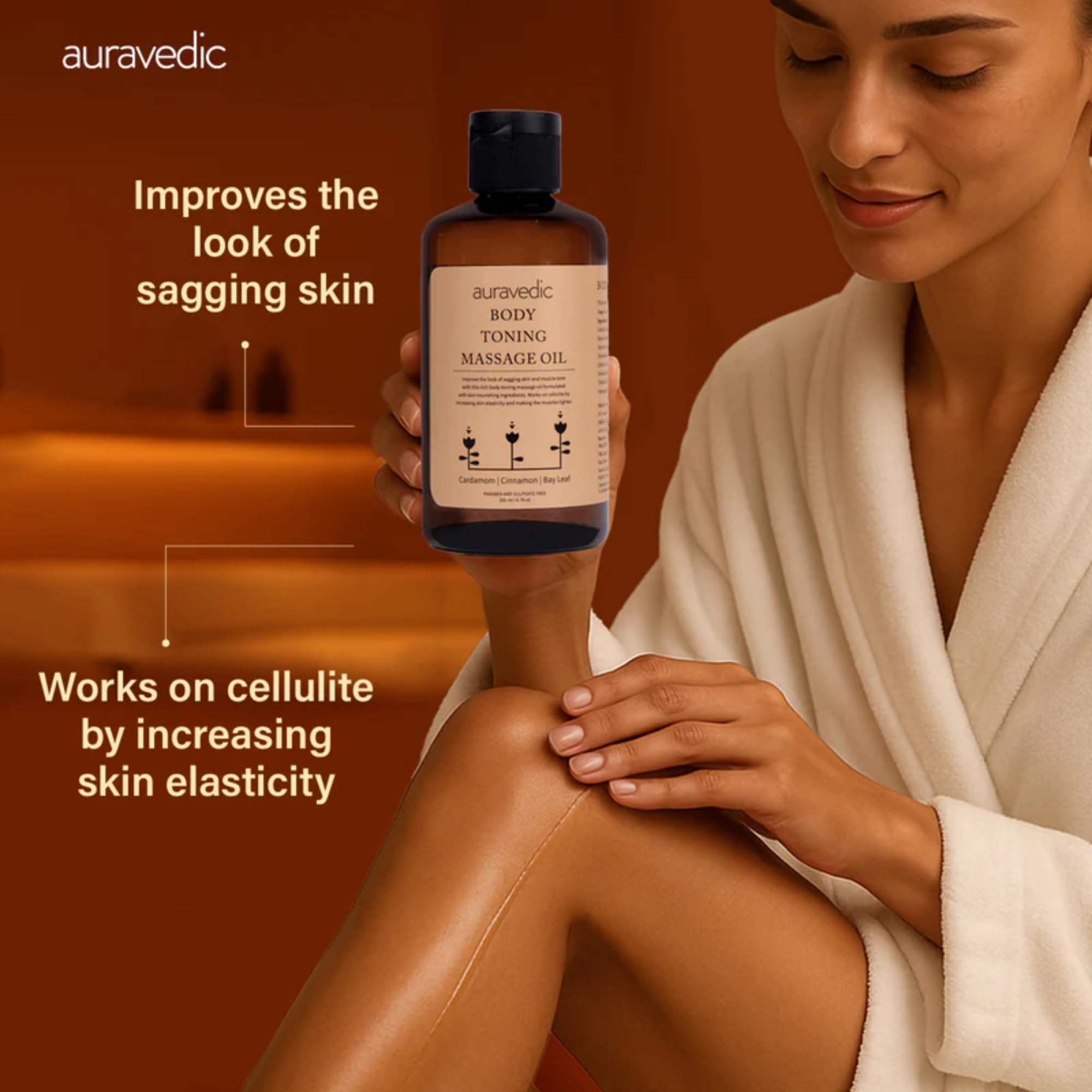 Auravedic Firming Toning Body Massage Oil | Helps Smooth Stretch Marks & Sagging Skin | Ayurvedic Blend with Cinnamon, Cardamom & Bay Leaf | for Thighs, Legs & Belly | 6.76 Fl Oz (200ml)
