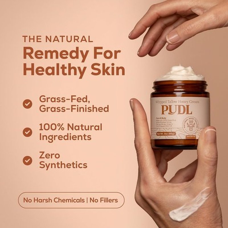 PUDL Grass Fed Beef Tallow Whipped Lotion Balm - Anti-Aging Moisturizer with Manuka Honey & Jojoba Oil for Sensitive Skin