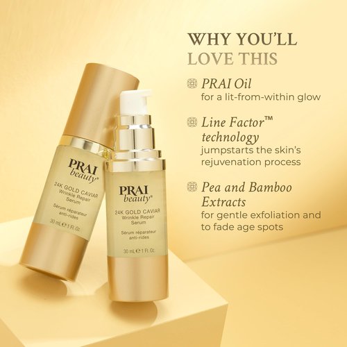 PRAI Beauty 24K Gold Caviar Wrinkle Repair Serum for Face | Anti-Aging Serum with Hyaluronic Acid to Plump and Fill In Wrinkles 4 oz