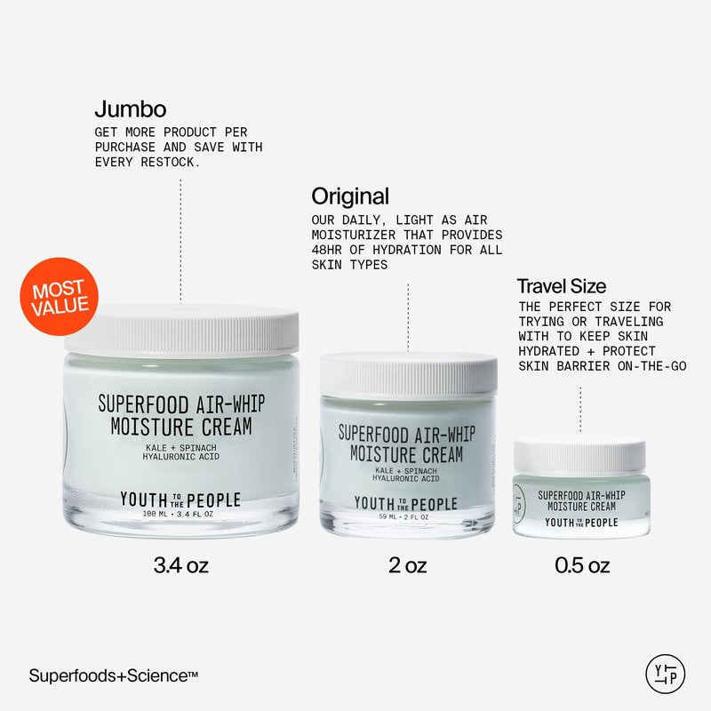 Youth To The People Superfood Air-Whip Moisture Cream Travel - Kale + Green Tea Hyaluronic Acid Face Moisturizer, Smooths + Hydrates Up to 48HR with Dewy Glow, Non-Greasy Lightweight Gel - 0.5 fl oz