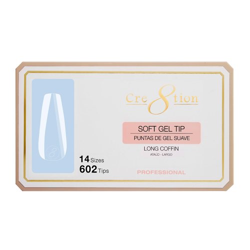 Cre8tion Soft Gel Nail Tips, Long Coffin Shape, 602 Tips in 14 Sizes (00-9) for Professional Nail Extensions