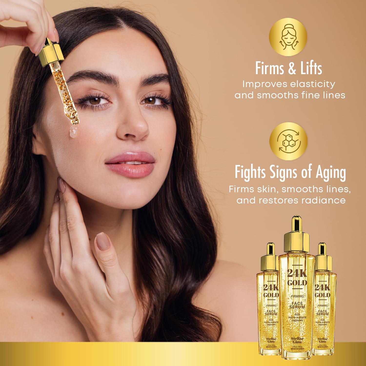 Stellar Glow 24K Gold & Hyaluronic Acid Serum For Face - Dermatologist Tested, Anti-Aging Skin Care, Ultra Hydrating for Blemishes, Dry & Acne-Prone Skin - Korean, Vegan, Clean Beauty - 2 FL. Oz
