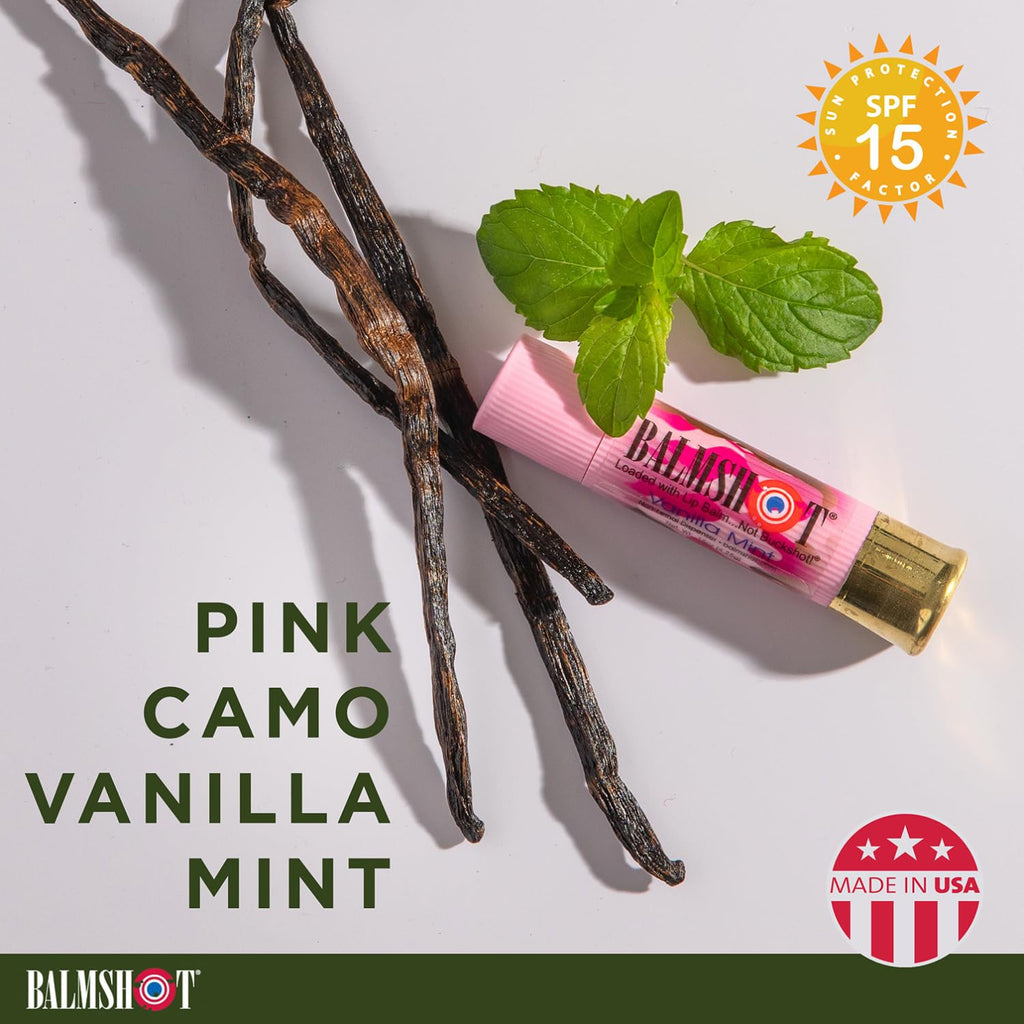BALMSHOT Camo Vanilla Mint Lip Balm SPF 15 (4-Pack) – Beeswax Chapstick in 20-Gauge Brass Shotgun Shell Tube, Outdoor Lip Protector for Hunting, Fishing, Hiking, Heat Tolerant, Made in USA