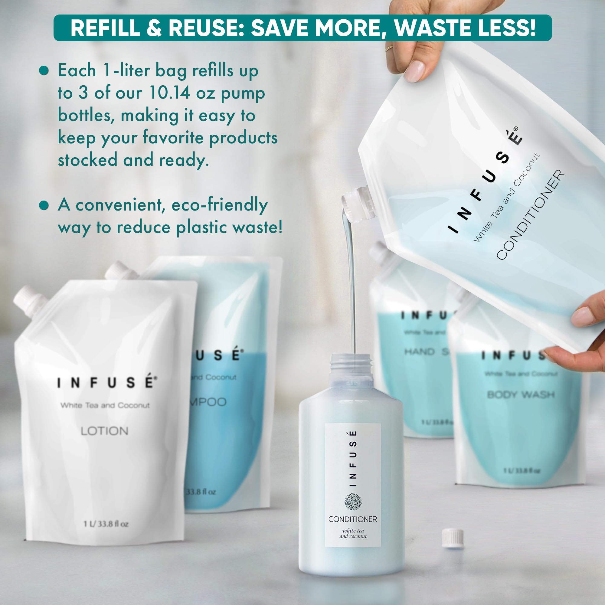 INFUSÉ 1 Liter Conditioner Refill Bag For Soap Dispensers | Bulk Toiletries for Vacation Rentals, and Home Bathroom Showers | White Tea and Coconut | Single