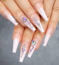 Artquee 24pcs Luxury 3D Press on Nails Long Ballerina Acrylic Fake Nail Art Glossy Coffin False Tips Manicure Stick for Women Decoration (French White Ombre)