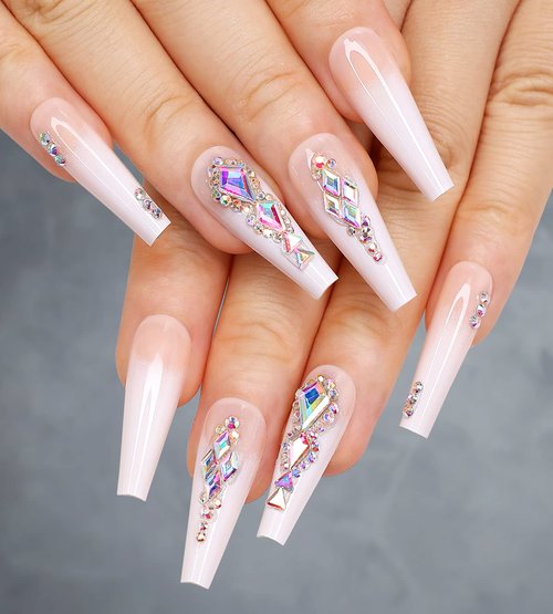 Artquee 24pcs Luxury 3D Press on Nails Long Ballerina Acrylic Fake Nail Art Glossy Coffin False Tips Manicure Stick for Women Decoration (French White Ombre)