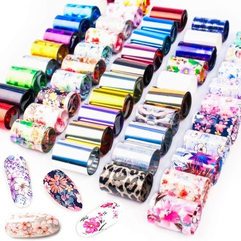 SILPECWEE 50 Sheets Foil Nail Art Transfer Stickers Tips Laser Flower Marbling Solid Color Nail Wraps Decals Starry Sky Star Manicure DIY Tools
