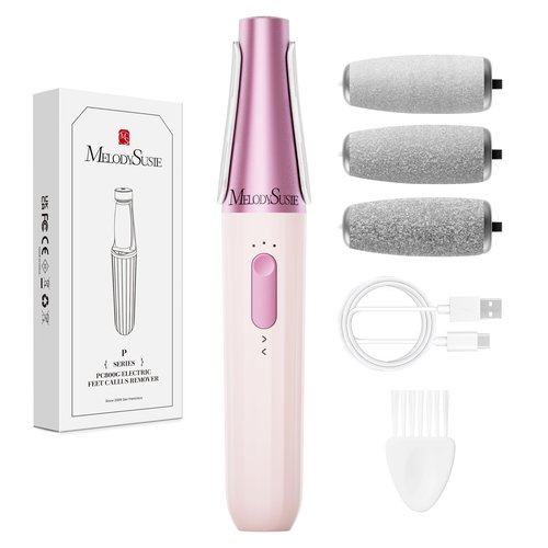 MelodySusie Electric Callus Remover for Feet, PC800G IPX7 Waterproof Rechargeable Pedicure Tool with LED Light & 3 Grits Roller Heads & Adjustable Speeds, for Dead Skin & Cracked Heel, Pink Rose