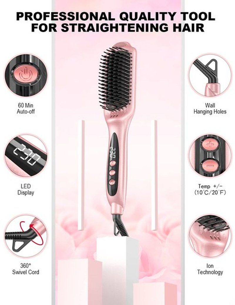 LANDOT Ionic Hair Straightener Brush for Smooth & Shiny Hair, Dual Voltage Ceramic Straightening Brush with 12 Adjustable Heat Settings 250°F-450°F, Elegant Gift for Women, Rose Gold