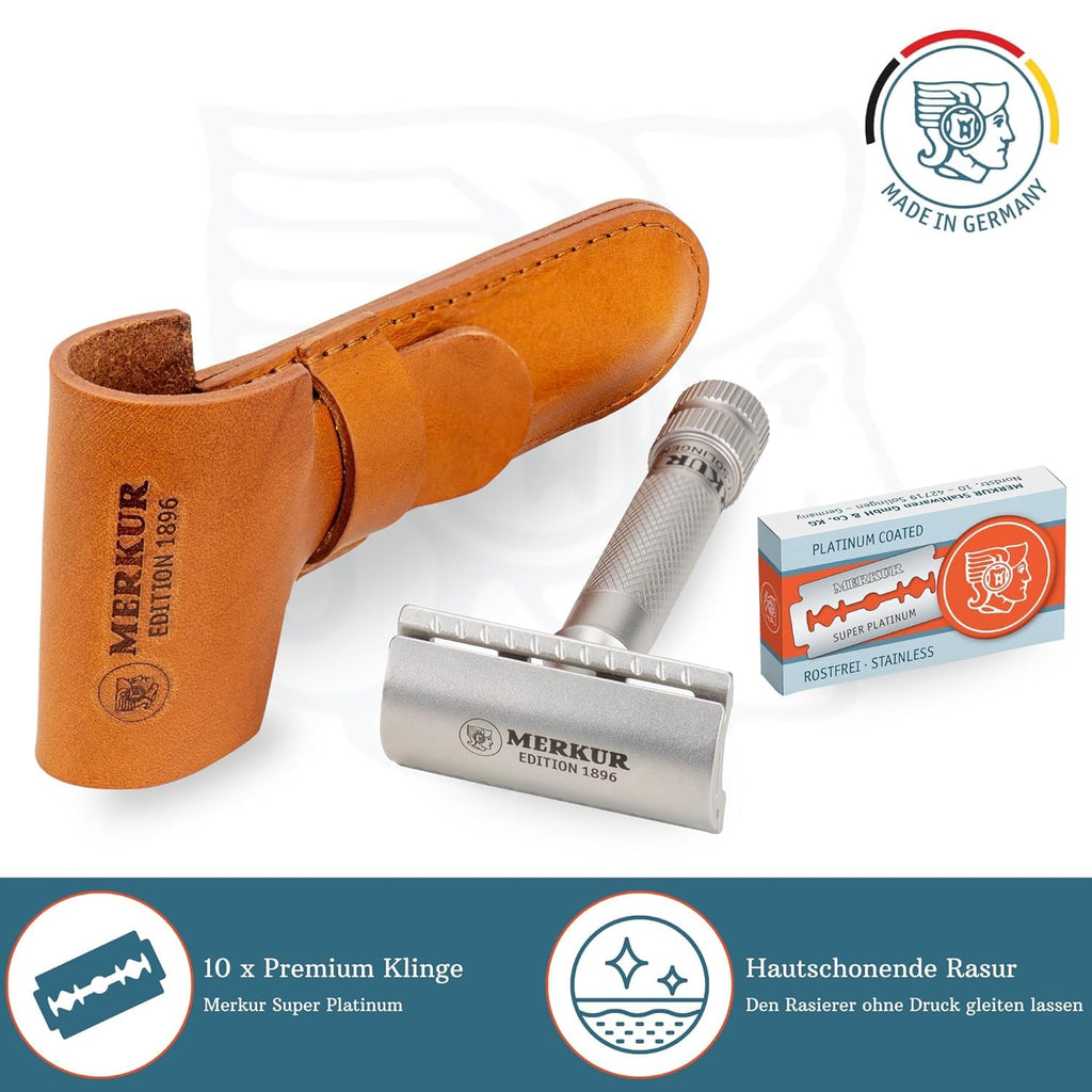 MERKUR Stainless Steel Safety Razor Set 34 INOX | Includes Premium Safety Razor, Leather Case and 10 Platinum Blades | Satin Matt | Closed Comb | Ideal for Wet Shaving | Made in Germany