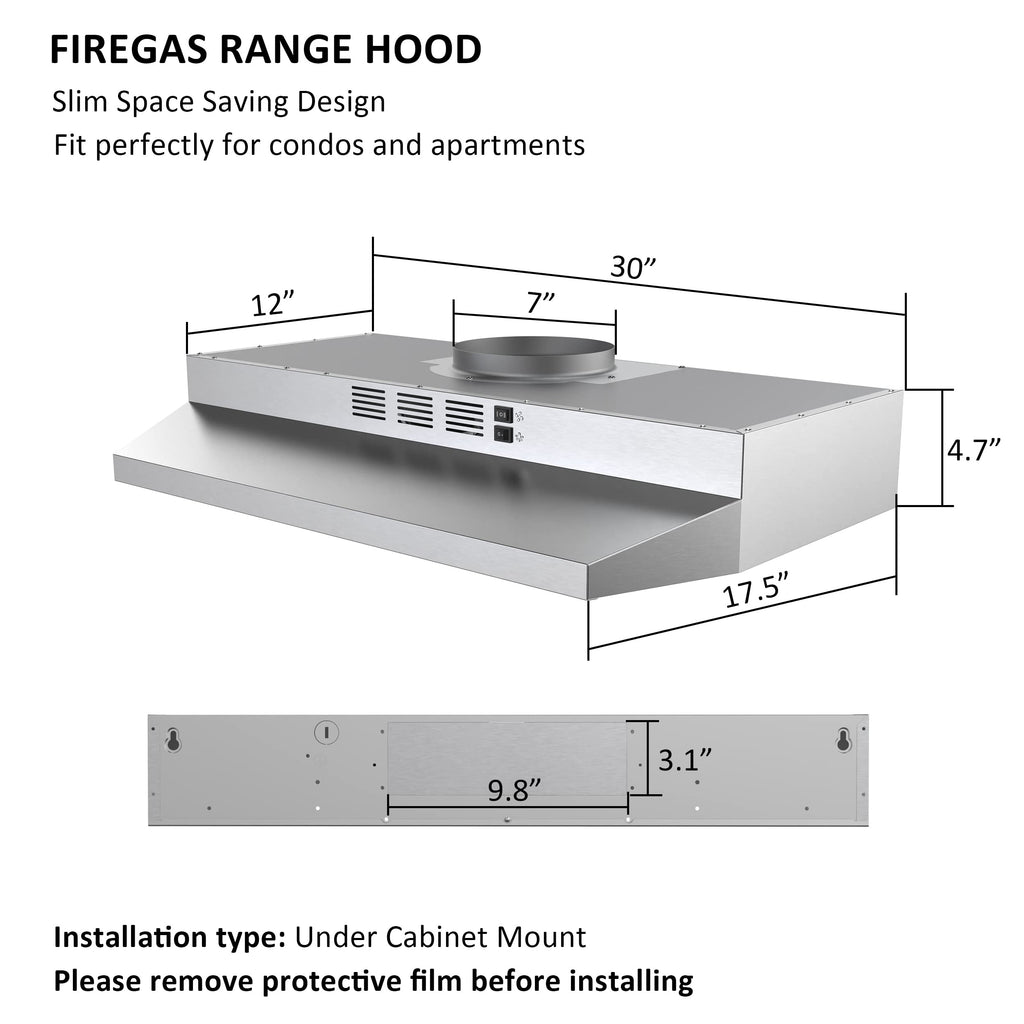 FIREGAS Under Cabinet Range Hood 30 inch, 300 CFM Ducted/Ductless Convertible, 2-Speed Exhaust Fan with LED Light & Rocker Control, Stainless Steel Kitchen Vent Hood