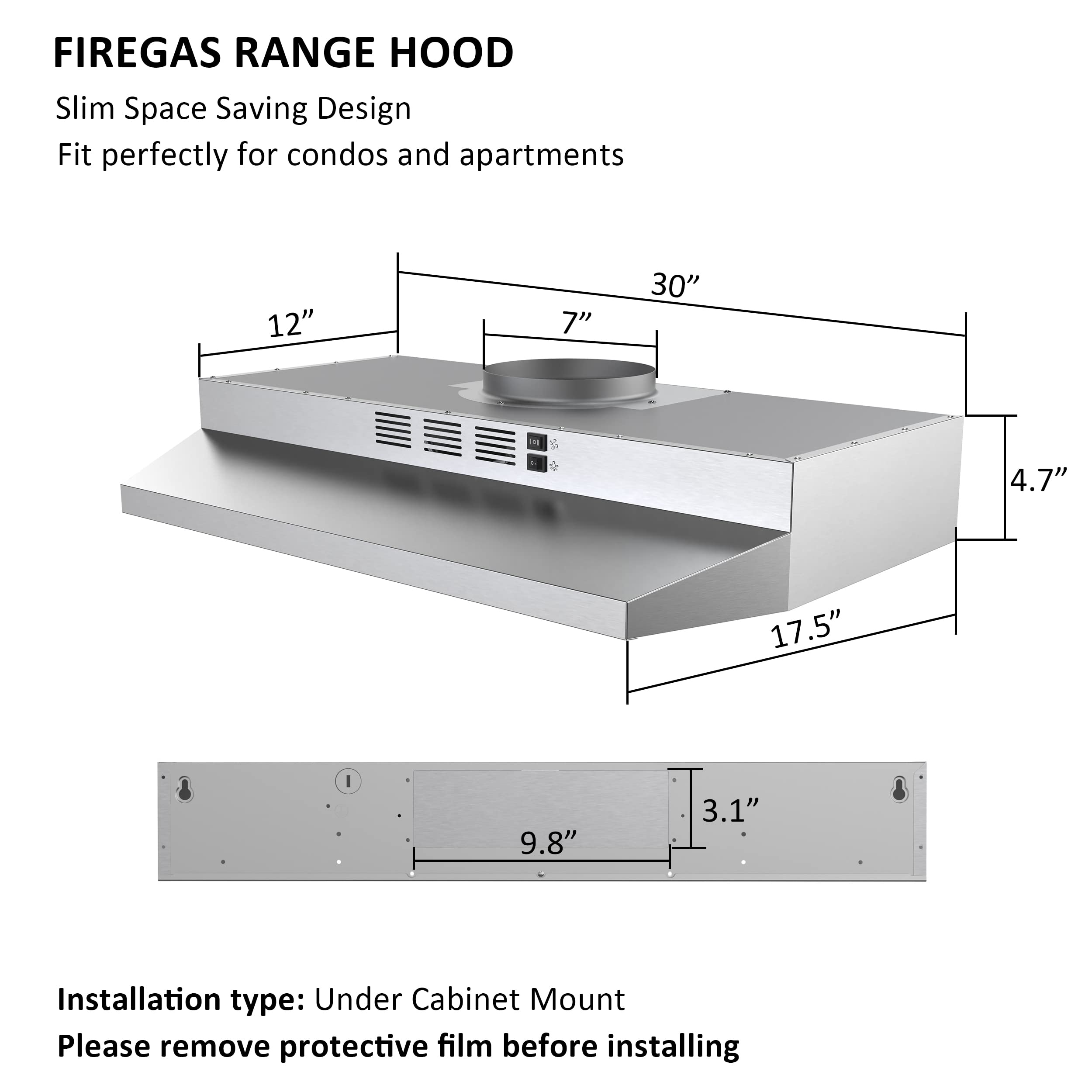 FIREGAS Under Cabinet Range Hood 30 inch, 300 CFM Ducted/Ductless Convertible, 2-Speed Exhaust Fan with LED Light & Rocker Control, Stainless Steel Kitchen Vent Hood