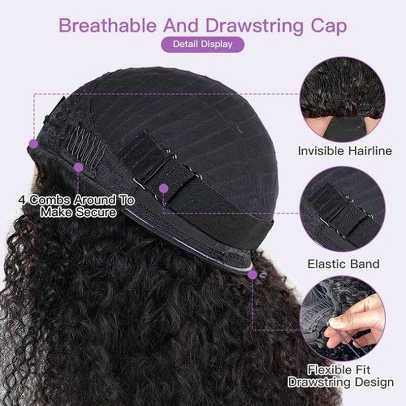 Ali Grace 20 Inch 250% Density Kinky Curly Half Wig Human Hair 3 In 1 Drawstring Seamless Flip Over Half Wigs For Women Glueless Wigs Beginner Friendly Half Curly Human Hair Wig Natural Black