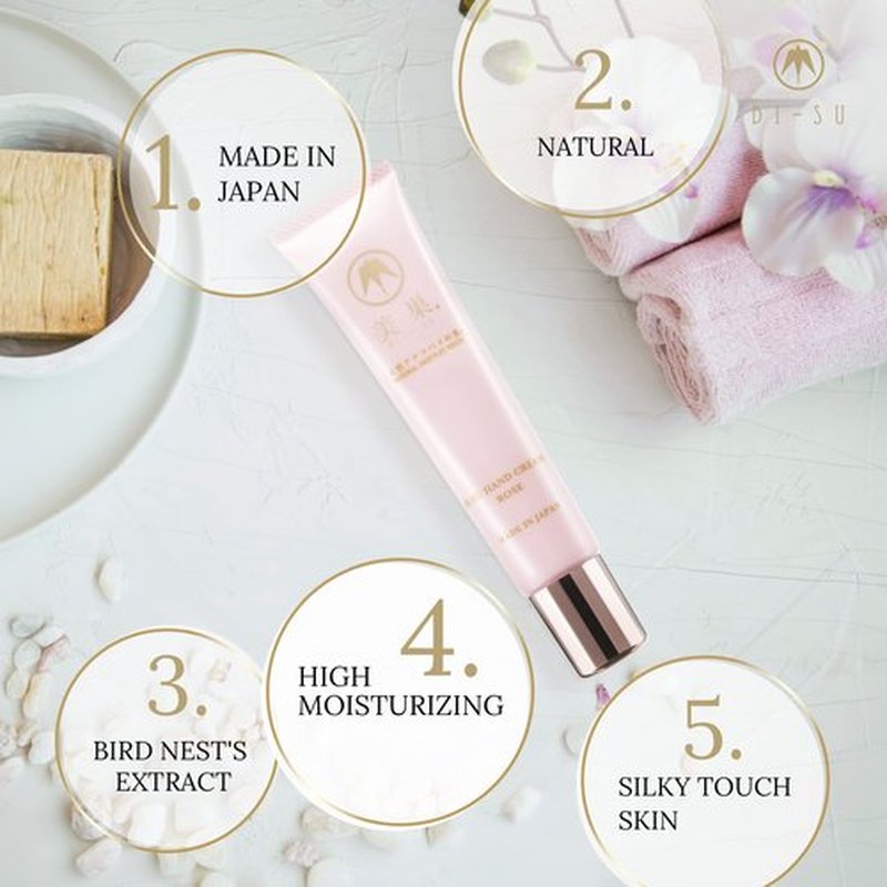 BI-SU Hand Cream | Hand Moisturizer, Natural Swiftlet Nests Extract, Collagen, Sialic Acid, Anti-aging Japanese Skincare, Prevents Dryness, Keeps Hands Soft, Rose Lover Scent, 1.06oz, 30g