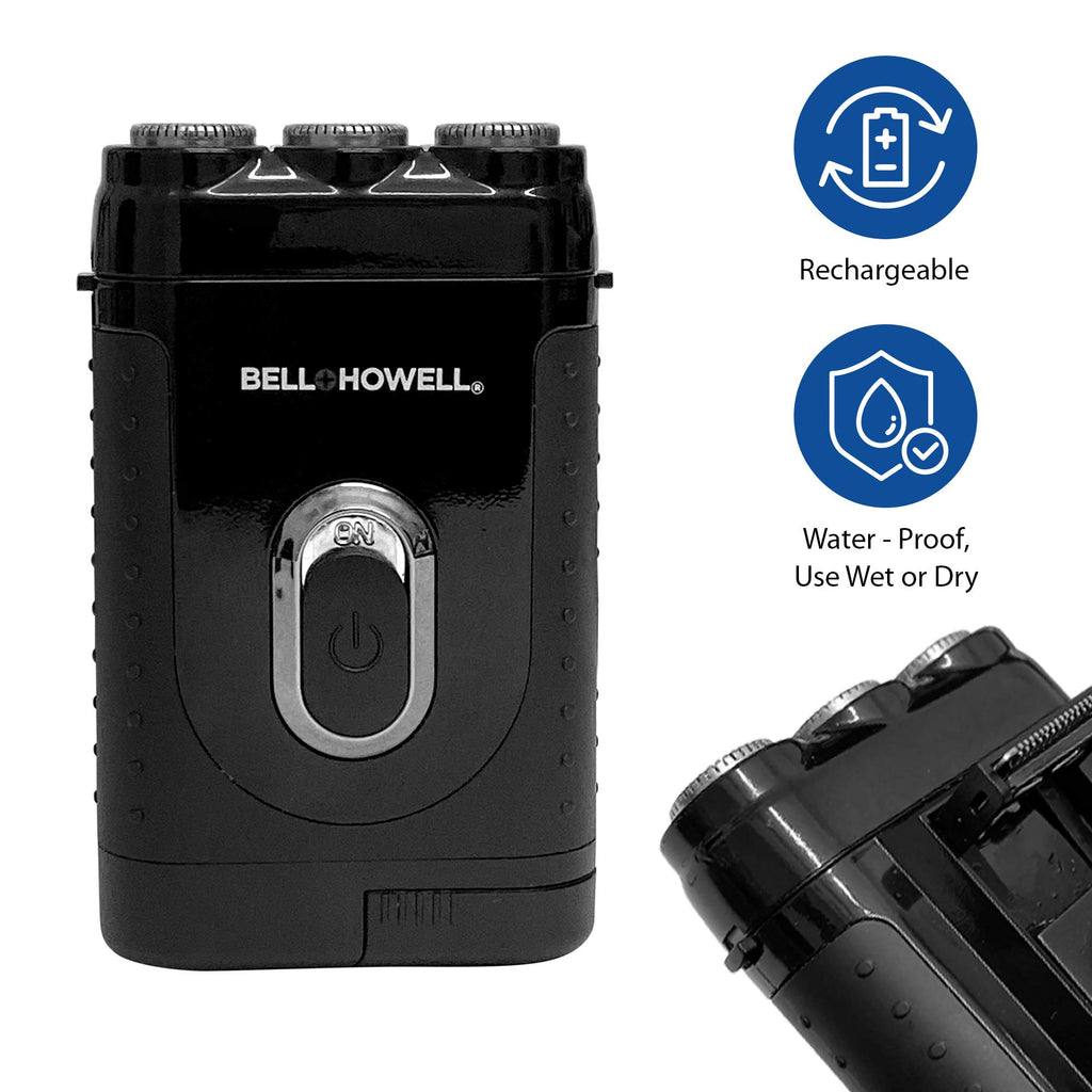 Bell+Howell Tacshaver 3D Rechargeable Rotary Shaver for Men with Pop-up Trimmer for Sideburns, Moustache and Beard, Waterproof, Portable, and Cordless Electric Razor As Seen On TV (Deluxe)