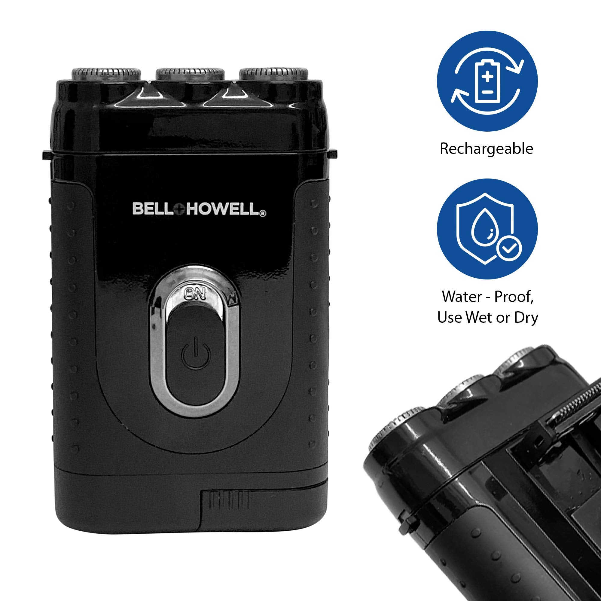 Bell+Howell Tacshaver 3D Rechargeable Rotary Shaver for Men with Pop-up Trimmer for Sideburns, Moustache and Beard, Waterproof, Portable, and Cordless Electric Razor As Seen On TV (Deluxe)