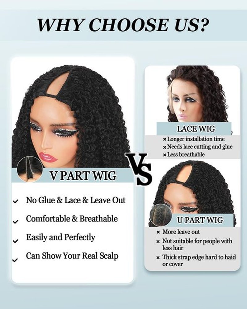 Abijale Burmese Curly V Part Wigs Human Hair 200% Density Upgrade U Part Wigs with Drawstring No Leave Out Glueless Clip in Half Wigs Curly Human Hair Wig for Black Women #1B Natural Black 16Inch