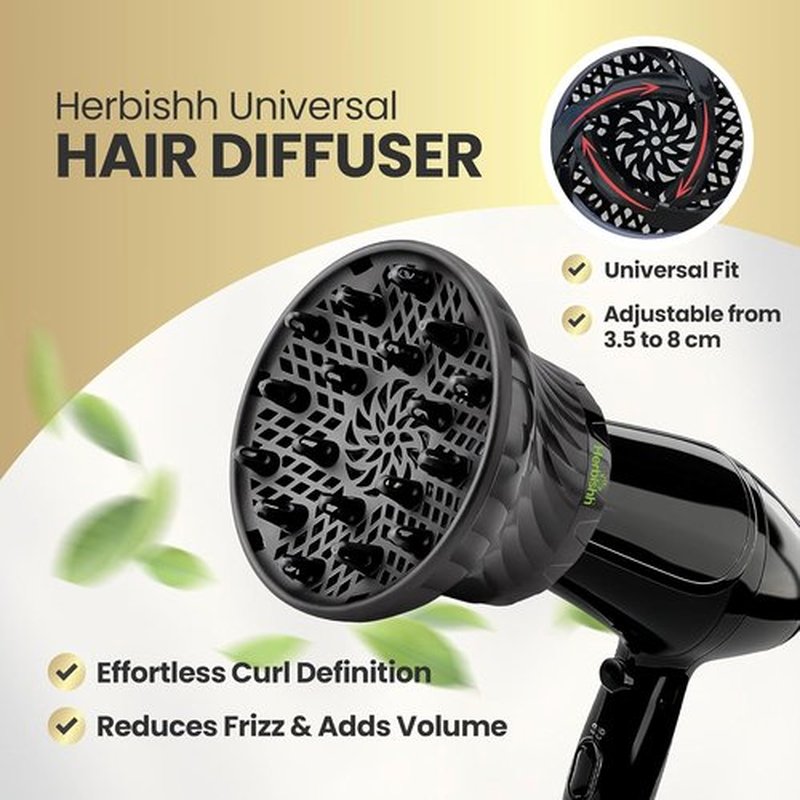 Herbishh Hair Dryer Diffuser - Universal Fit for Curly & Wavy Hair - Reduces Frizz & Adds Volume - Adjustable 3.5 to 8 cm (Black)