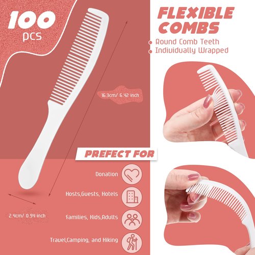100 Packs Individually Wrapped Combs Disposable Plastic Hair Combs in Bulk Set for Travel, Hotel, Shelter, Homeless, Nursing Home, Charity, Church, 6.5 Inch Long(White)