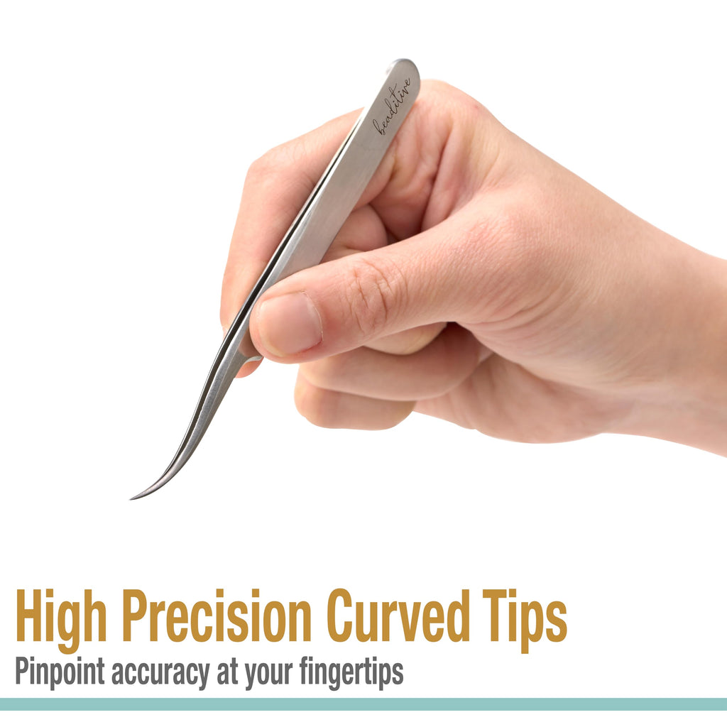Beaditive High Precision Curved Tip Tweezers 3 Pack - 4.5" Craft Tweezers for Sewing, Beading & DIY Crafts - Non-Serrated Jewelry Tweezer Set with Fine Curved Tips - Stainless Steel Hobby Tweezers