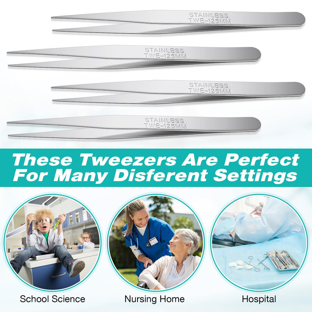 WILLBOND 10 Pcs Stainless Steel Tweezers Lab Forceps Long Tweezers with Flat Round Tip Hair Removal Tweezer Garden Tweezer Serrated Tip Straight 5 Inch for Plants, Craft, Electrical Repair