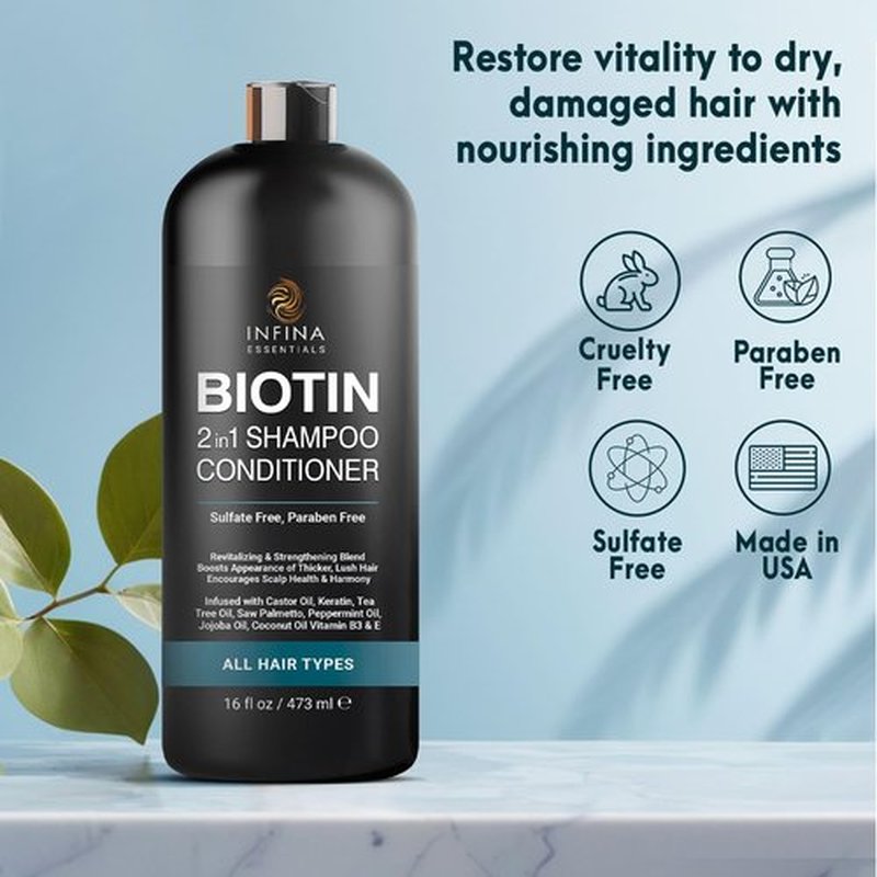 INFINA ESSENTIALS Biotin 2-in-1 Shampoo & Conditioner - Hair Thickening & Strengthening Formula with Saw Palmetto, Keratin & Caffeine - 16 fl oz