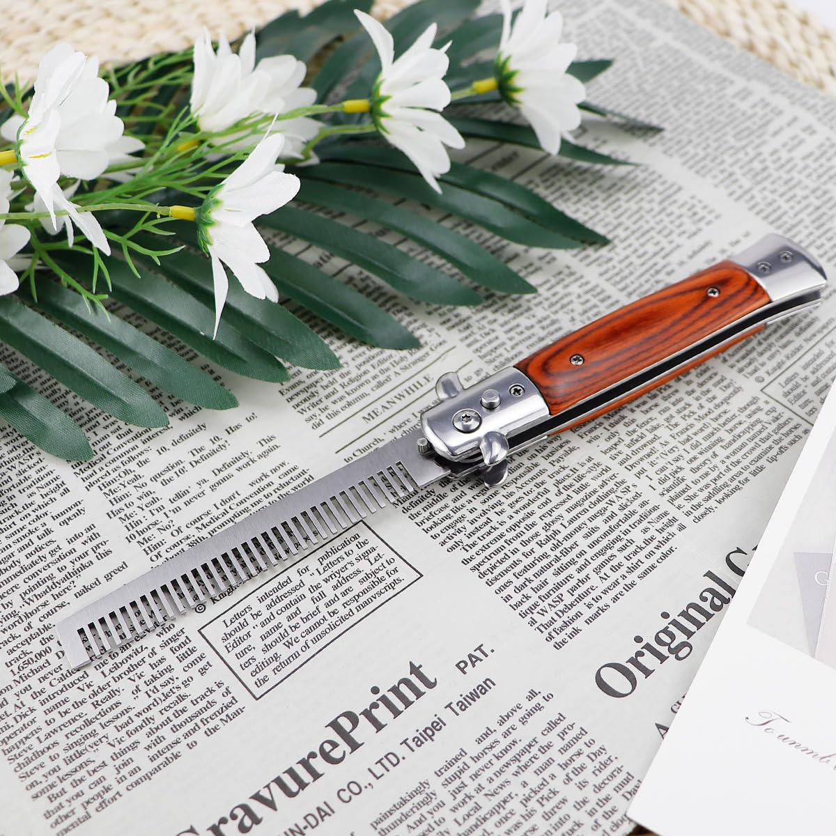 Stainless Steel Folding Comb with Wood Handle - Push Button Pocket Comb for Hair Styling