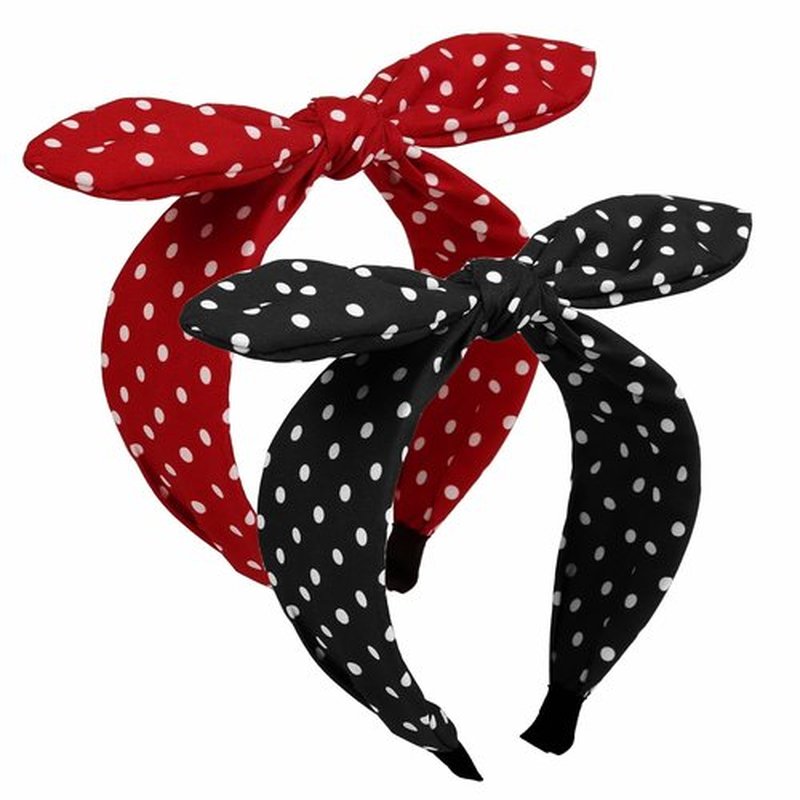 Huachi 2PCS Polka Dot Headbands for Women Red & Black Bow Bunny Ears Headband Halloween 50s Outfit Accessories Cute Retro 1950s Costume Party Favor Headwear Headpiece