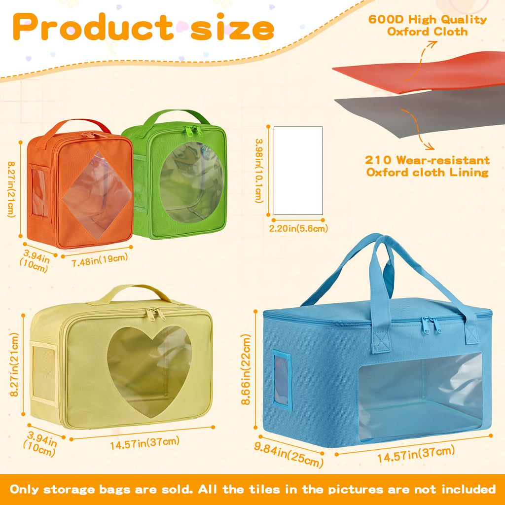 BOHEMIABY 4 PCS Visible Magnetic Tiles Storage Bags, Toy Storage Bags with Label for Home School, Carrying Case for Building Bricks, Puzzle, Board Games, Toy Car and Other