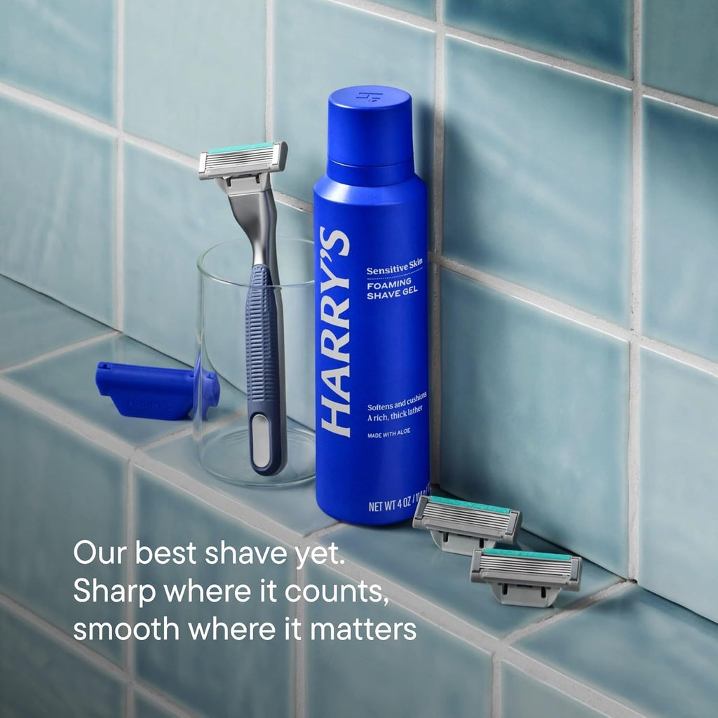 Harry's Plus Trial Shaving Kit for Men - Premium Handle, Razor Blade Cartridge, Foaming Shave Gel, and Travel Blade Cover - Advanced Pivoting System - Moss