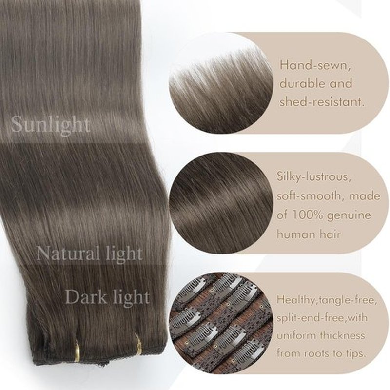 FINATA Clip in Hair Extensions Real Human Hair, 20 Inch 120g 7pcs Triple Weft Remy Hair Extensions, #2C Cold Light Brown, Seamless & Thick End