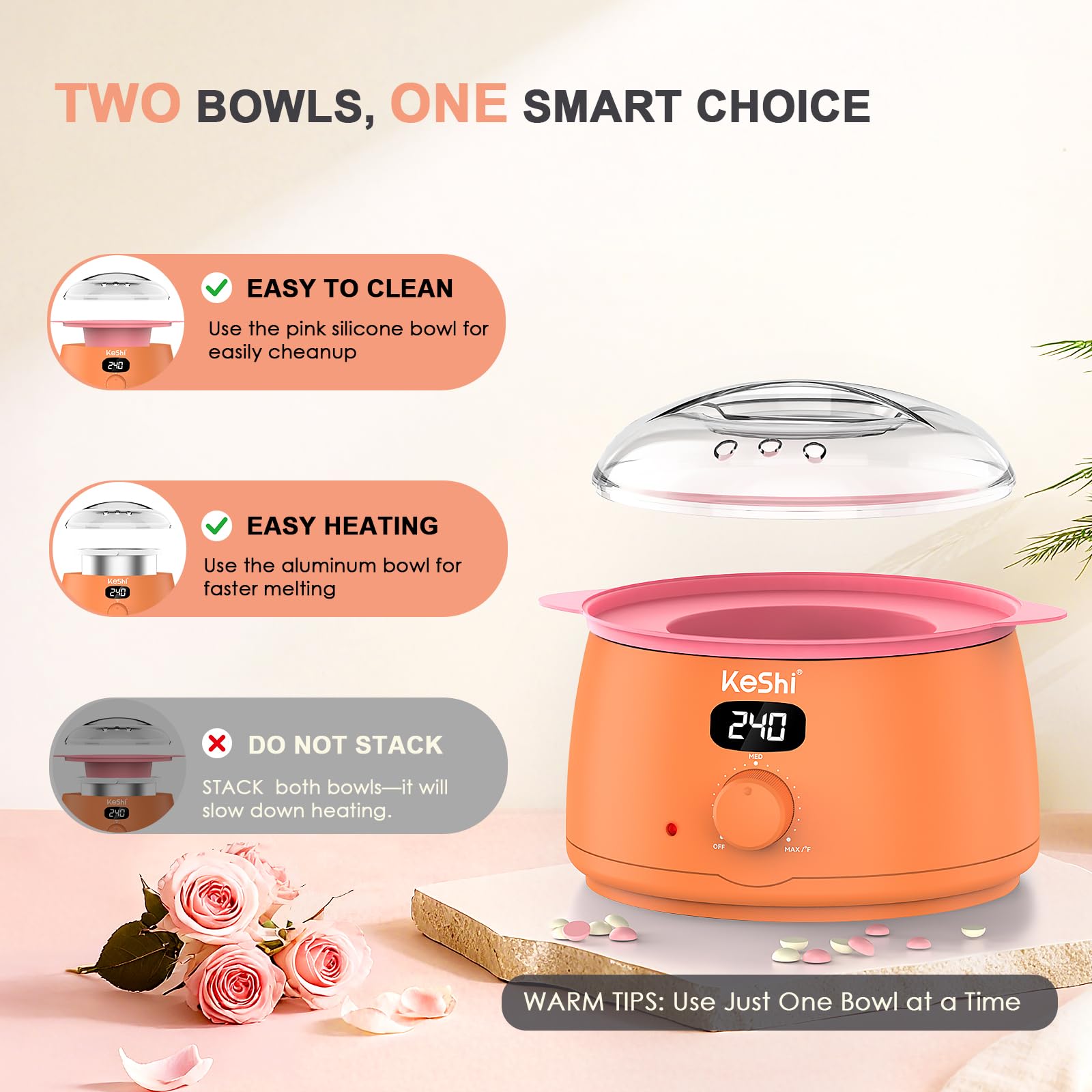 KeShi Waxing Kit for Women and Men, Digital Wax Warmer with 6 Bags Hard Wax Beads, at-Home Hair Removal Wax Kit for Full Body, Face, Eyebrow, Bikini, Legs, Brazilian & Sensitive Skin(Vital Orange)