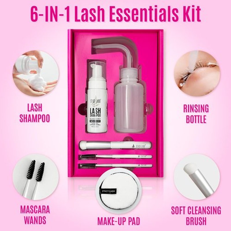 Stacy Lash Foaming Lash Shampoo Kit - 50ml Cleanser with Spoolies, Rinse Bottle & Brush for Extensions