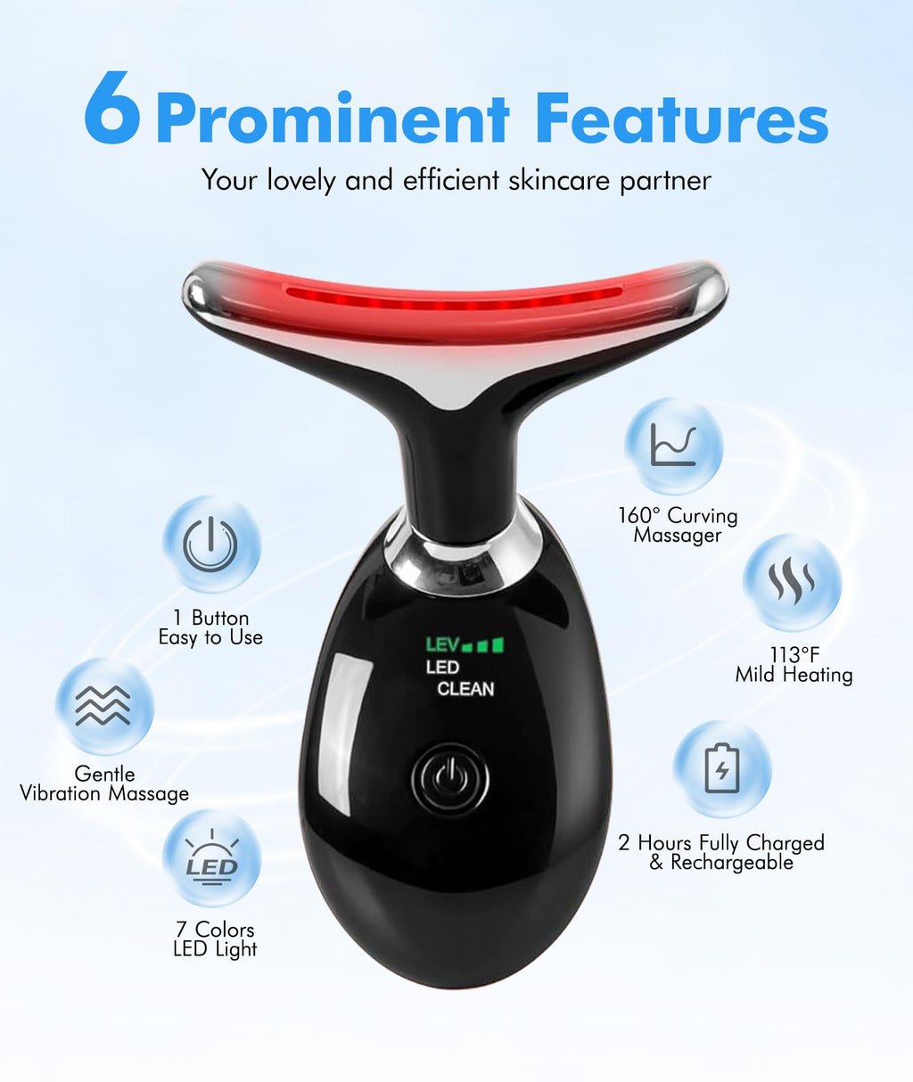 SDKWDH Red-Light-Therapy-for-Face-and-Neck, 7 Color Face Massager Tool for Wrinkles, Double Chin, Vibrating Facial Massager with Thermals for Skin Care, Glossy Black