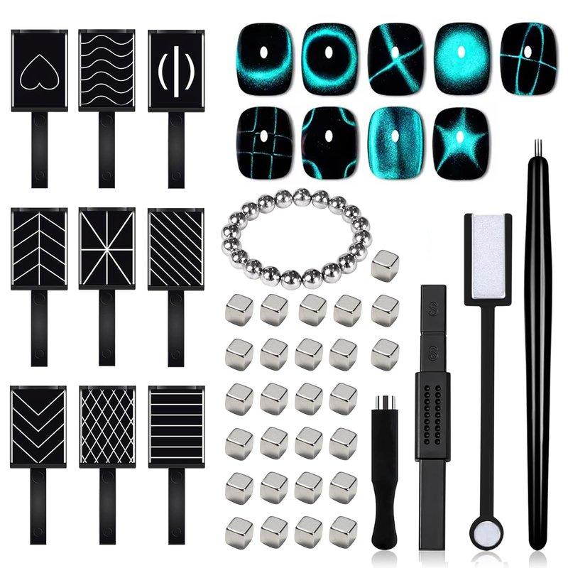 XEAOHESY 60 Pieces Cat Eye Magnet for Nails Magnetic Beads Cube Magnet Multi-Functional Nail Magnet Wand Magnet Stick Magnetic Pen 9 Nail Magnet Plates With Different Patterns for Cat Eye Nail Polish