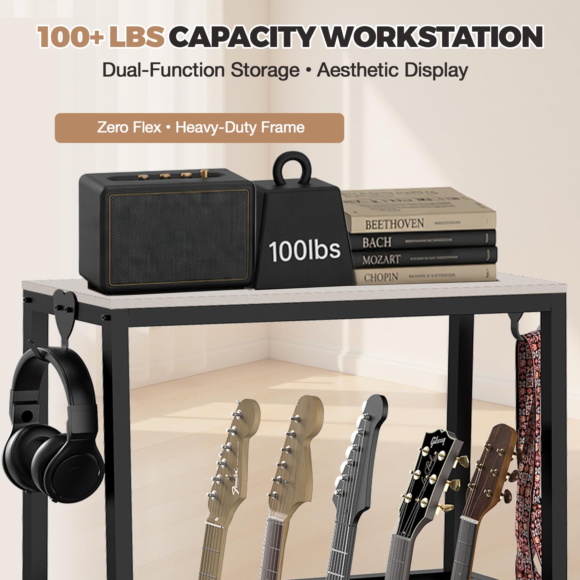 JollyJive 5-Guitar Stand Floor with Wood Storage Shelf, 27.8lbs Heavy Duty Multi-Guitar Rack Holder (1.2mm Steel Tubes), Patented 3-Sided Mesh Shield for Acoustic, Electric & Bass, Premium Studio Furniture,Gray