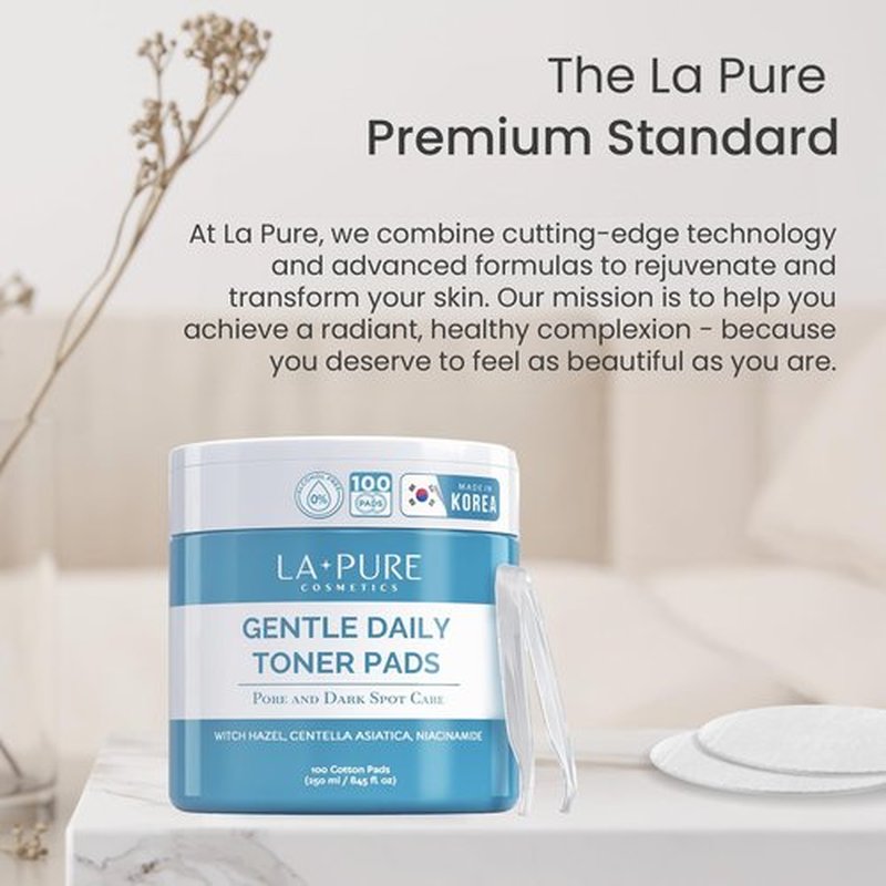 La Pure Korean Toner Pads, Large, 100 Ct, with Witch Hazel, Centella Asiatica & Niacinamide, Alcohol-Free, Gentle Exfoliating Pore & Dark Spot Care