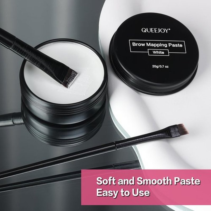 QUEEJOY 20g White Brow Mapping Paste Brow Contour Paste Brow Lip Shape Position Tool,2pcs Eyebrow Brush Set, Mapping Tool for Sketching Contouring the Eyebrow and Lip