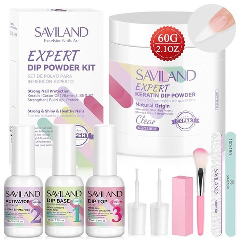 SAVILAND Dip Powder Nail Kit - 60g Clear Powder with Base, Activator & Top Coat for French Manicure