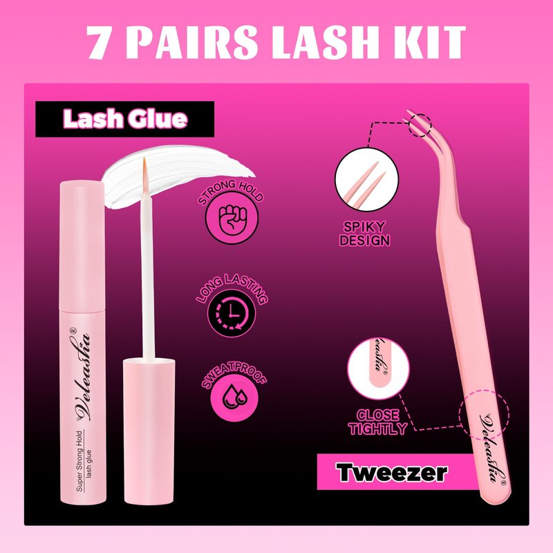Veleasha Lashes Kit Manga Eyelashes Cat Eye Lashes Spiky Eyelash C Curl with Lash Glue & Tweezers Lash Wispy Natural Look False Eyelashes with Soft Cotton Band 7 Pairs Pack (Sunny Kit)