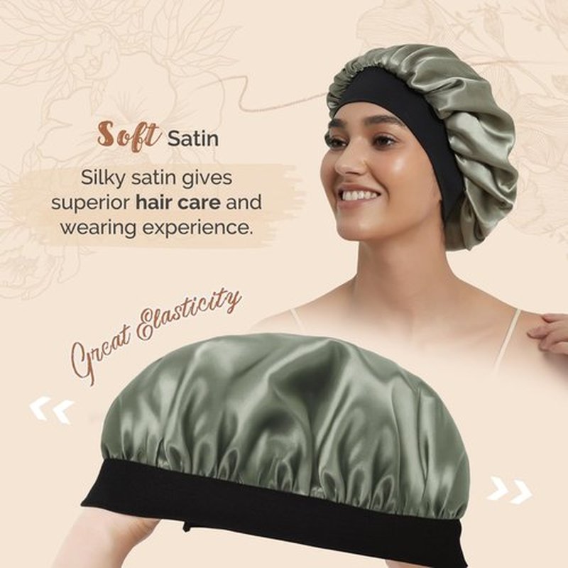 Hat Hut Satin Bonnet Silk Bonnet Sleep Cap for Women Hair Bonnet for Curly Hair Sleeping Adjustable Wide Band Double Layer (US, Alpha, One Size, Olive Green)